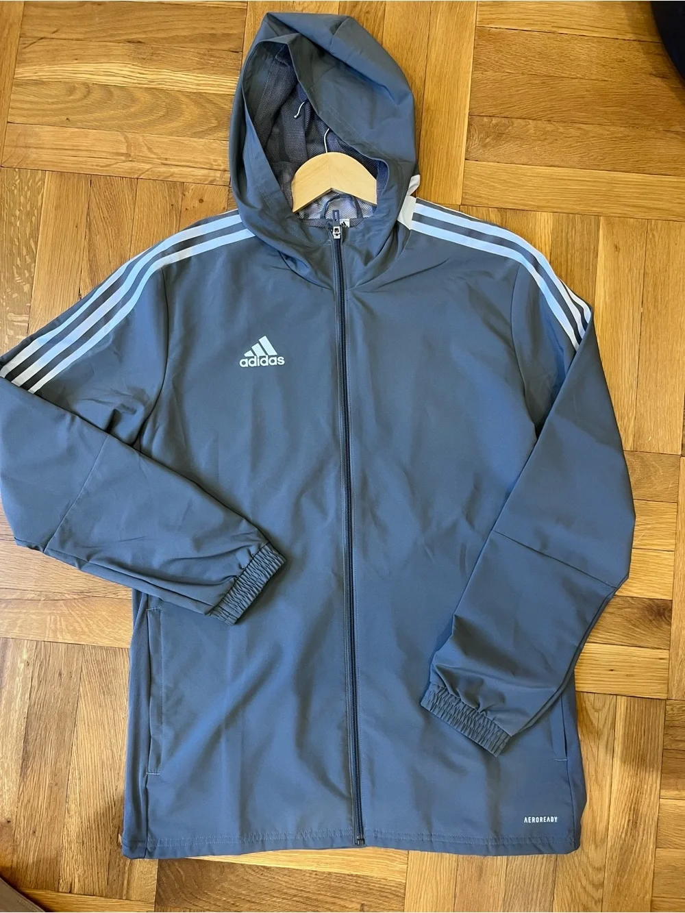 adidas Men’s Hooded Performance Jacket in Grey with White Stripes